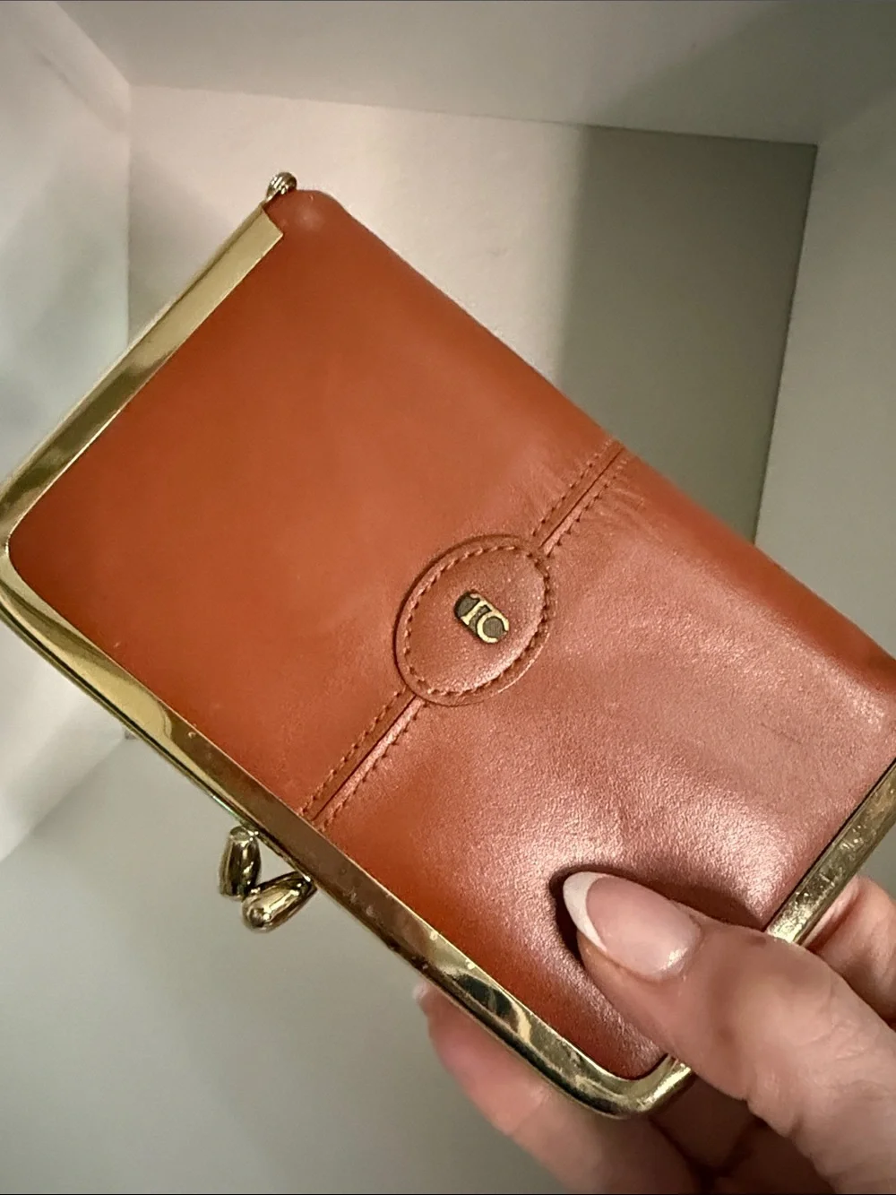 Classic Leather Clutch in Cognac with Gold Trim